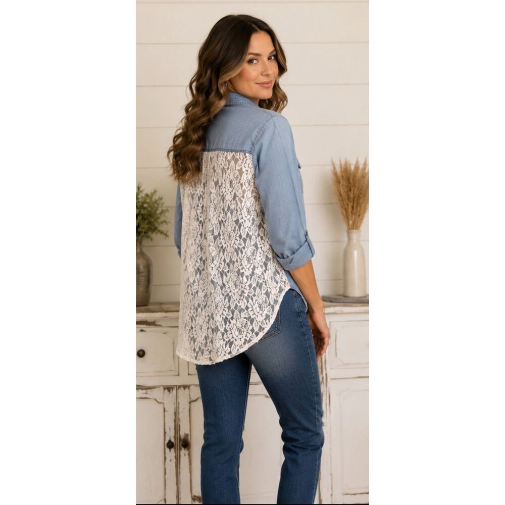 Wishful Park Size L Blue Chambray Button Up Blouse Lace Roll Tab Sleeve Top U3 - Picture 2 of 13